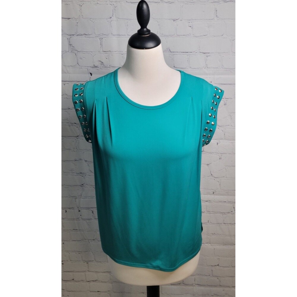 Michael Michael Kors Blouse Sz S Teal Pleated Studded Cap Sleeve Career Preppy